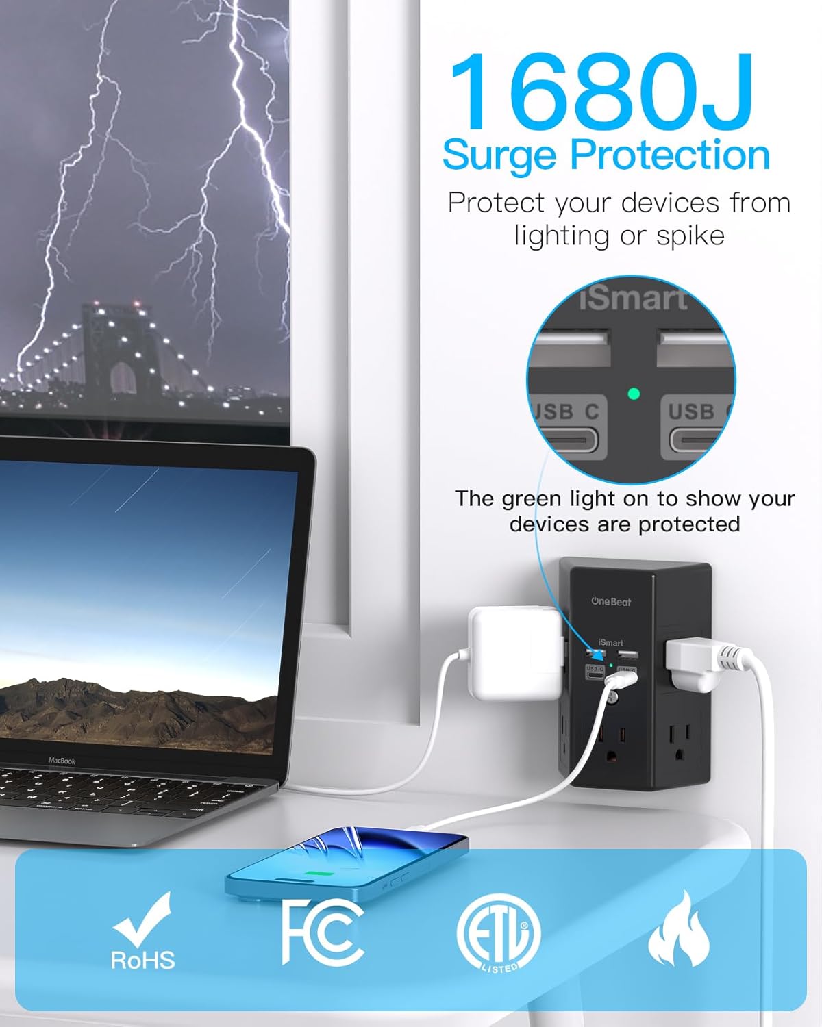 Surge Protector, 5 Outlets Extender with 4 USB Ports(USB C PD20W), 3-Side 1680J Power Strip Multi Plug Outlet Expander, USB Wall Charger, Outlet Splitter Adapter Wall Mount for Home Office(Black)