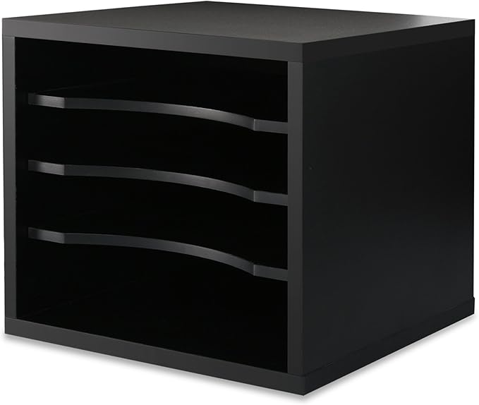 FITUEYES Wood Desk Paper Organizer with 4 Tiers Storage, Desktop File Holder, Document Letter Sorter Tray with Adjustable Shelves, Home Office Wooden Mail Rack, Black