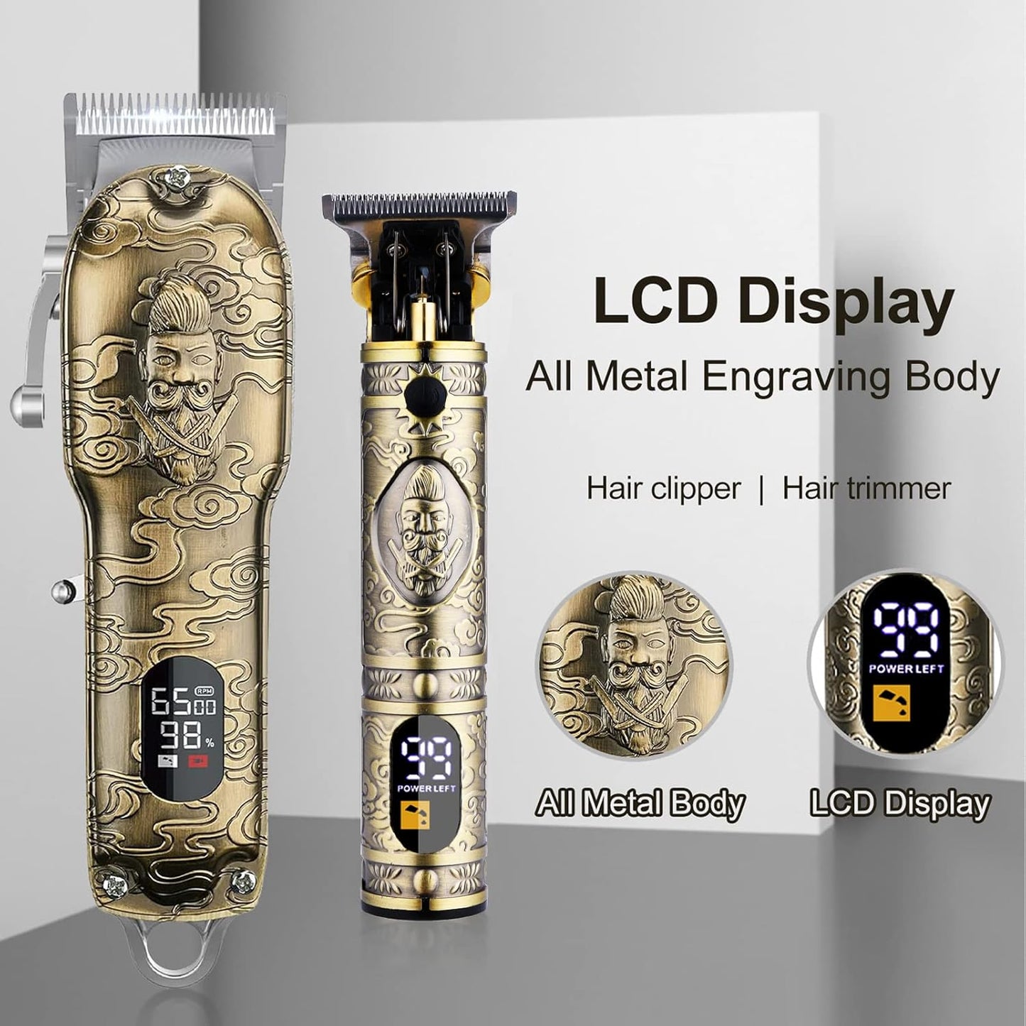 Soonsell Hair Clippers for Men T-Blade Trimmer Set,Man Professional Cordless Barber Clippers Set ,Blade Close Cutting Beard Trimmer ,LCD Display(Gold)