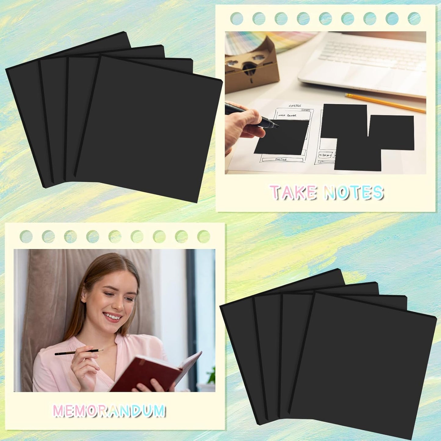 Thenshop 24 Sets Full Adhesive Sticky Notes 3x3 Inches Sticky Notes Adhesive Memo Self-Stick Pads Back to School Supplies Easy to Post for Teacher Coworkers Office 80 Sheets/pad(Black,Unlined)