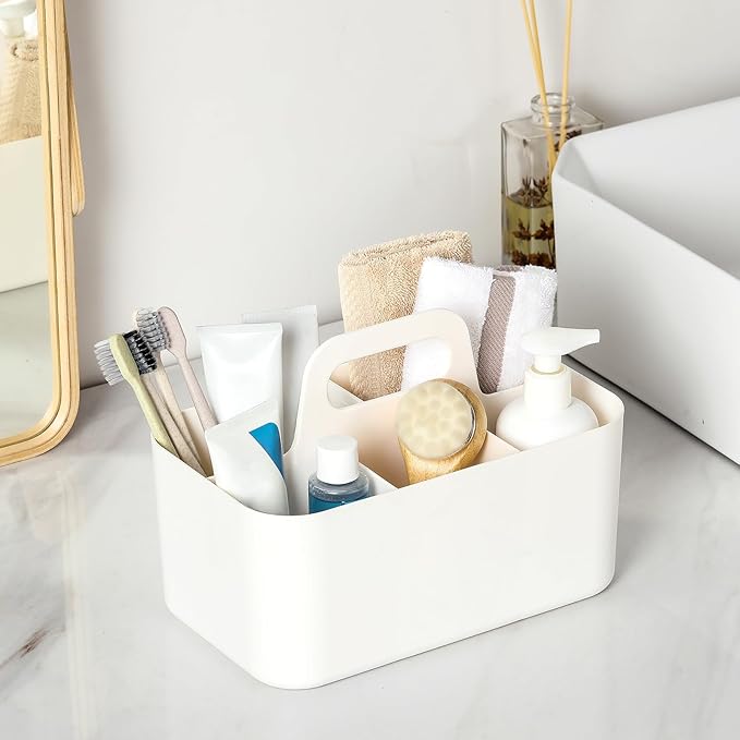 Multiuse Caddy Organizer with Handle - Stackable Plastic Tote Bin - Art Craft Supplies, Office, Desk, Stationery Pen Holder, Kitchen, Utensil, Makeup, Bathroom, Shower, Cleaning, Dorm Organizer -White