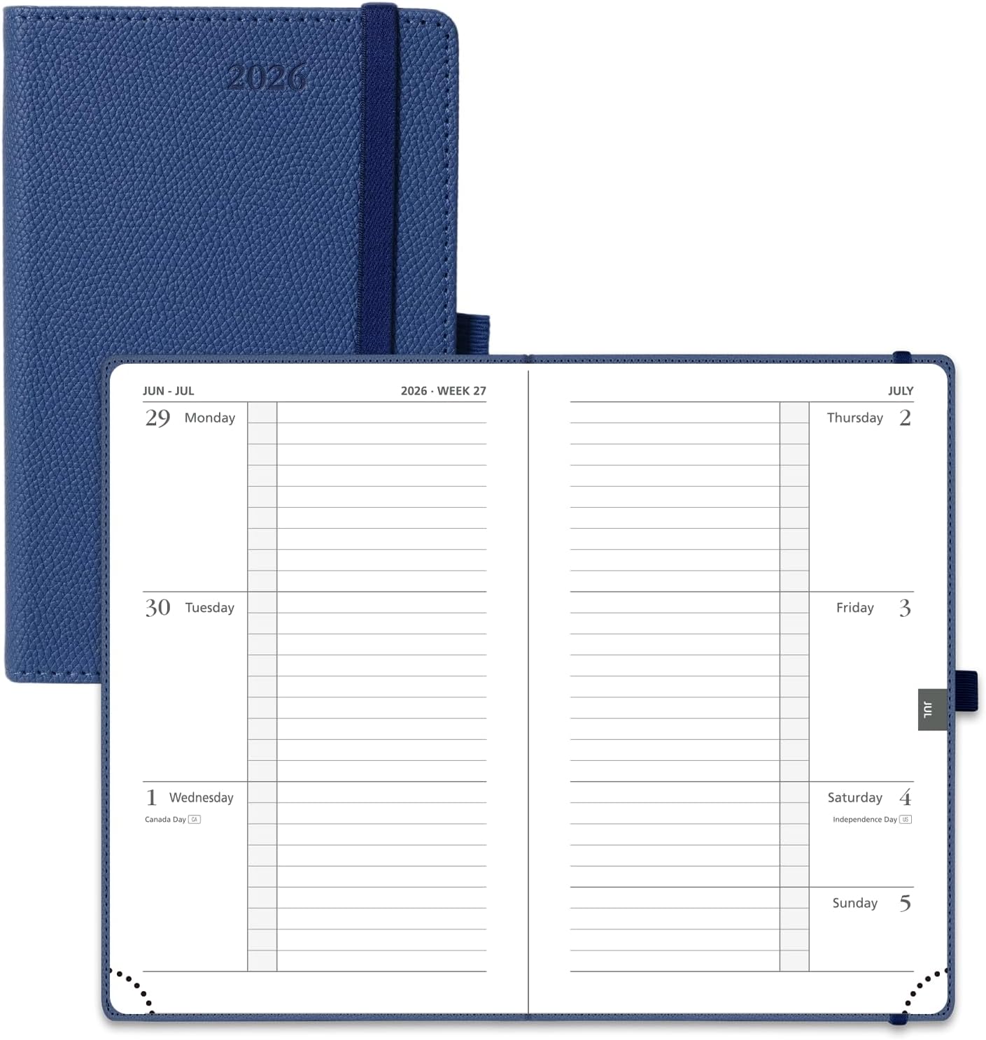 POPRUN Weekly Planner 2026 Calendar (Pocket 4'' x 6.25'') 12 Months Notebook with Horizontal Layout, Leather Hardcover, Inner Pocket, 100GSM Thick Paper, Pen Holder TJ - Navy Blue