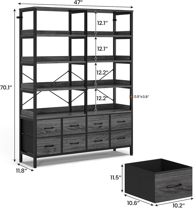 Bookshelf with 8 Fabric Drawers, 7-Tier Bookcase with Baffles Display Shelves, Industrial Large Book Shelf for Living Room Home Office, Grey