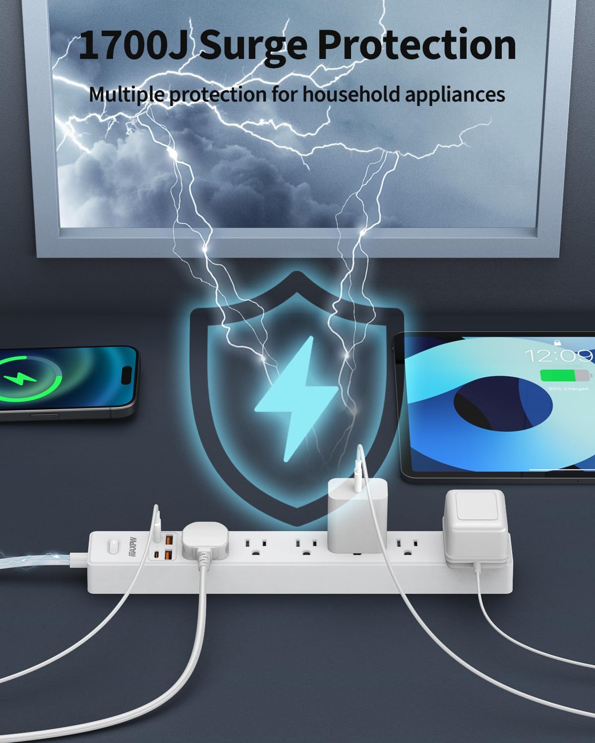 10 Ft Power Strip Surge Protector - 7 Outlets 4 USB Ports (2 USB C), Ultra Thin Flat Extension Cord & Flat Plug, 1700 Joules, Wall Mount, Desk Charging Station for Home Office Dorm, White