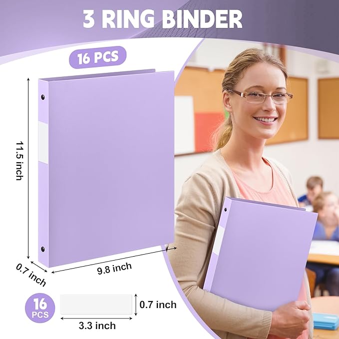 Henoyso 16 Pcs 3 Ring Binder 1/2'' Round Fits Letter Size 8. 5'' x 11'' Paper Plastic Flexible Binder Holds 100 Sheets with 1 Pockets Versatile Organizer for Office Home School (Light Purple)