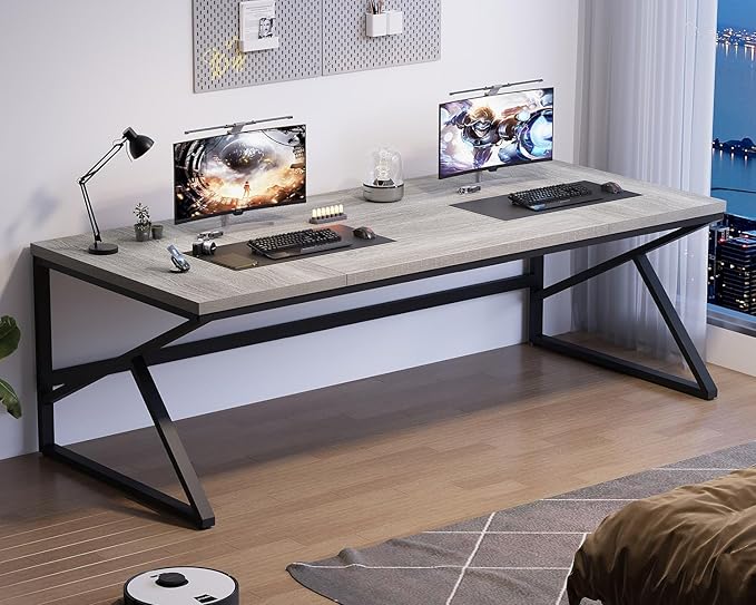 HSH 78 Inch Long Home Office Desk, Extra Large Grey Computer Desk for 2 Person, Industrial Wooden and Metal Executive Work Writing Study Gaming Desk Table, Modern Bedroom PC Laptop Desk Double Desk