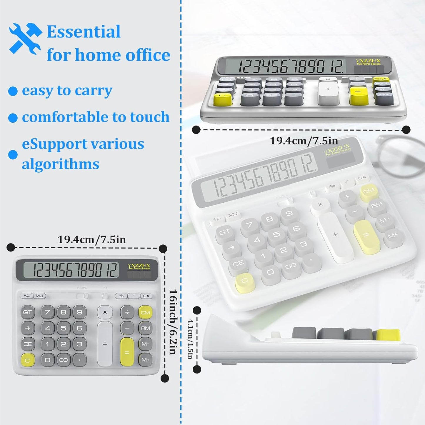 Desktop Calculator with Extra Large 5-Inch LCD Display, 12-Digit Two Way Power Solar & Battery Office Calculator with Big Buttons for Business, Accounting & Home Use(White)