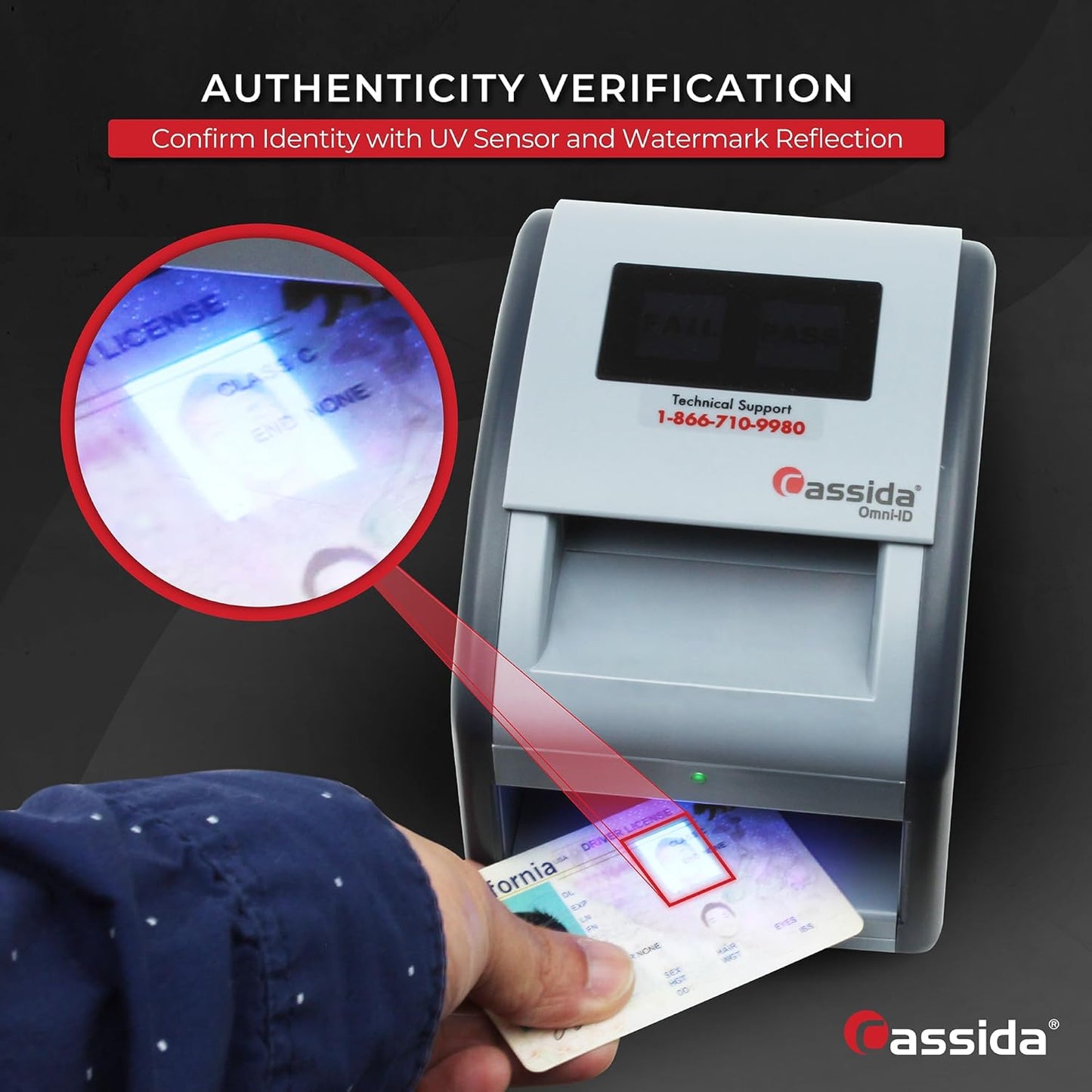 Cassida Omni-ID 2-in-1 Currency Counterfeit Detector with UV Identification Verification Lights – Bill Checker with Infrared, Magnetic and Ultraviolet Sensors - Easy to Read PASS/FAIL Display