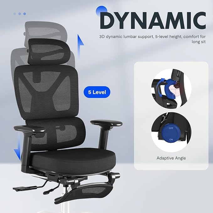 FLEXISPOT ErgoX Premium Ergonomic Office Chair with Footrest- Adjustable 3D Armrests, Dynamic Lumbar Support, Recline & Tilt Function, Mesh Seat, for Home & Office Use,Foam Black