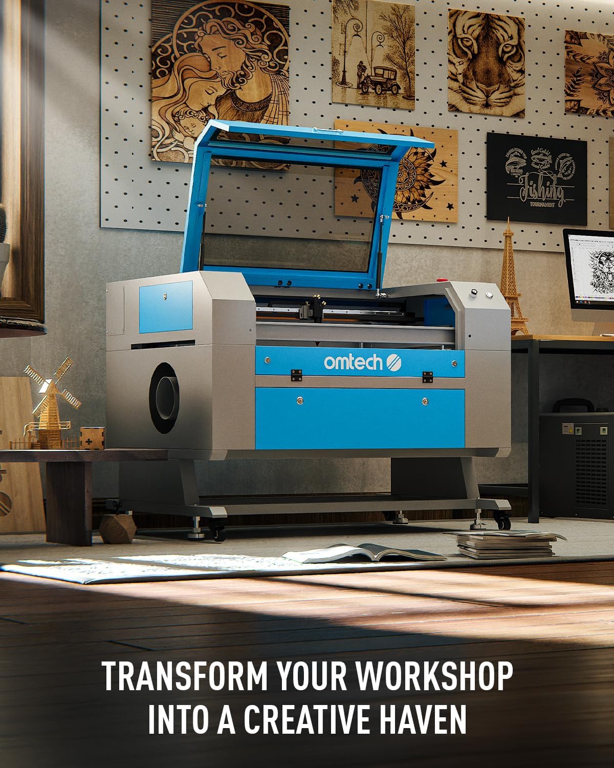 OMTech 90W CO2 Laser Engraver with LightBurn & Water Chiller, 20"x28" Laser Engraving Cutting Machine with Autofocus Autolift 4 Way Pass Air Assist, Commercial Laser Cutter for Wood Glass Acrylic More