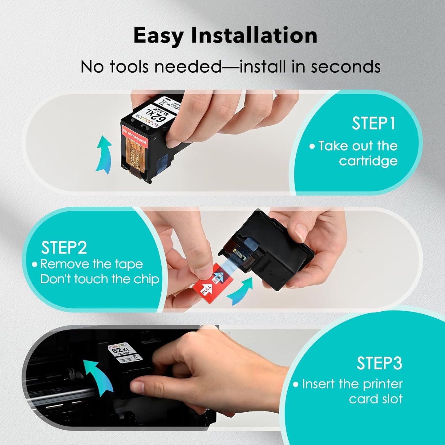 EcoVictor Remanufactured 62XL Ink Cartridges (2 Black) Compatible for HP Ink 62 62XL HP62 for Envy 5540 5542 5545 5640 5642 5660 5665 7640 7645 OfficeJet 5740 5742 5745 8000 8040 200 250 Printer 62 XL