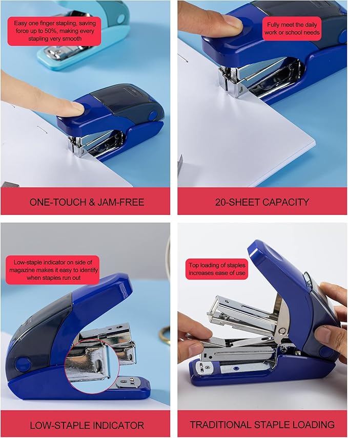 PAPERPAL Effortless Mini Stapler Set, 20 Sheet Capacity, Integrated Remover & Staple Storage, Holds 1/4" Staples, Includes 1000 Staples, Lightweight, Office, School & Daily Use, Dark Blue
