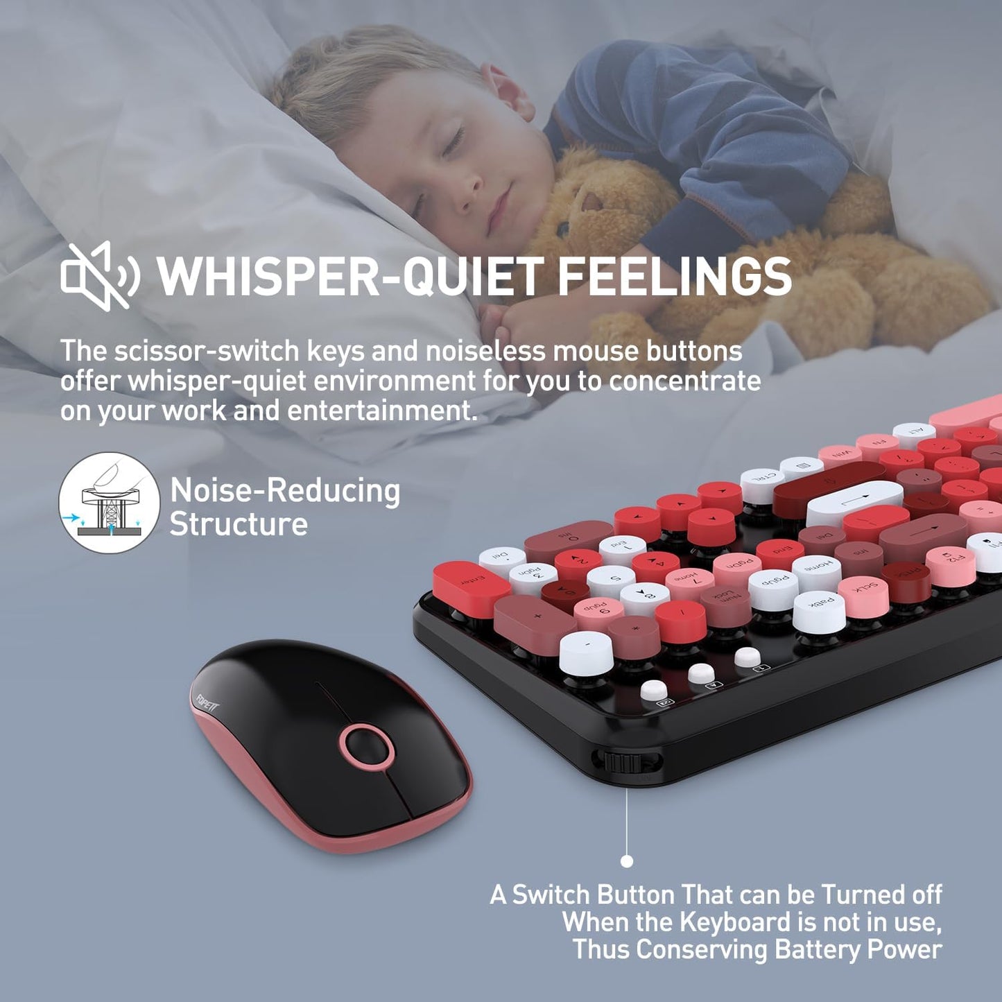 Keyboard and Mouse Wireless,Cute Retro Wireless Keyboard Mouse Combo with Round Key,2.4Ghz Dropout-Free Connection,Typewriter Wireless Keyboard Mouse Set for PC Laptop Desktop Computer-Black Colorful