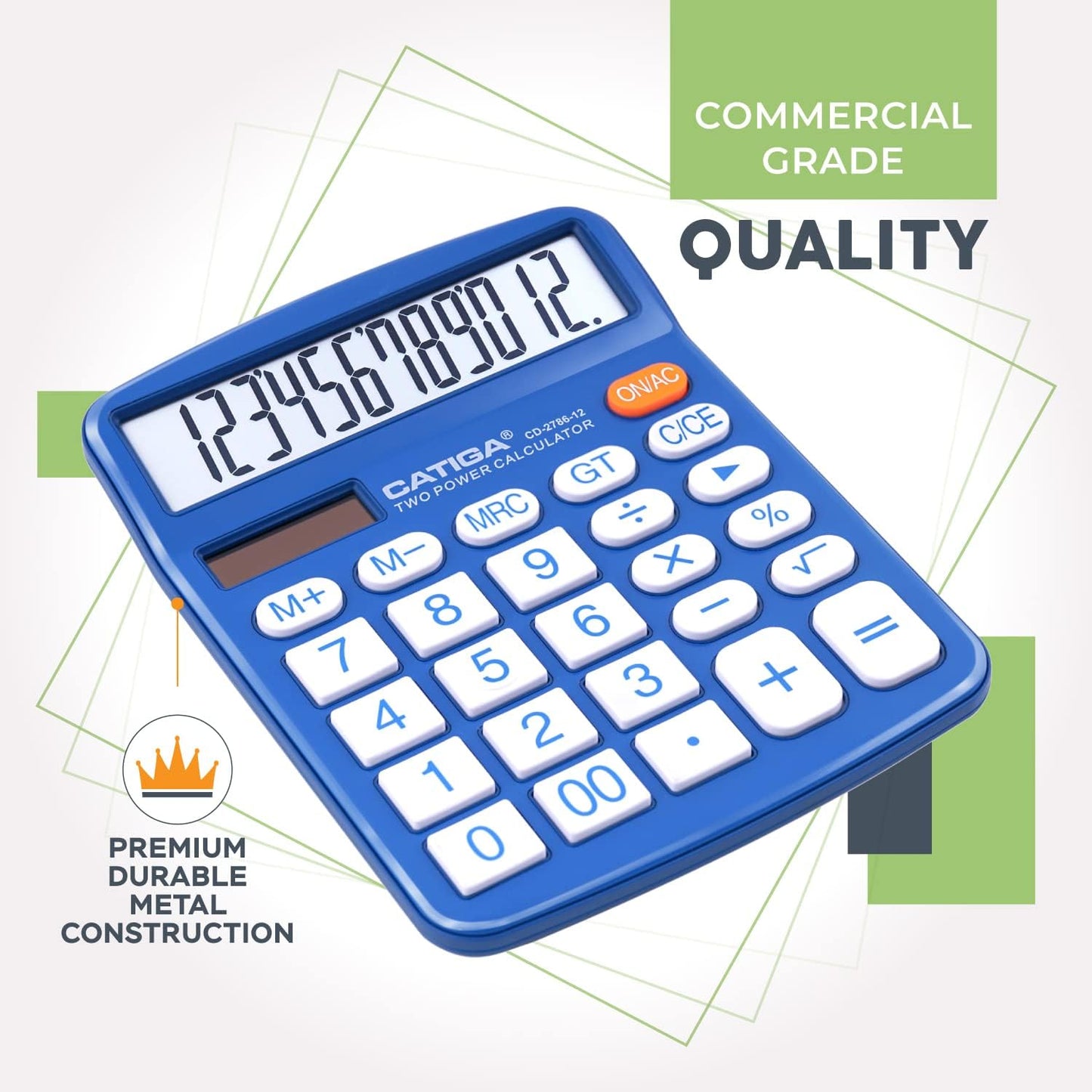 CATIGA Desktop Calculator 12 Digit with Large LCD Display and Sensitive Button, Solar and Battery Dual Power, Standard Function for Office, Home, School, CD-2786