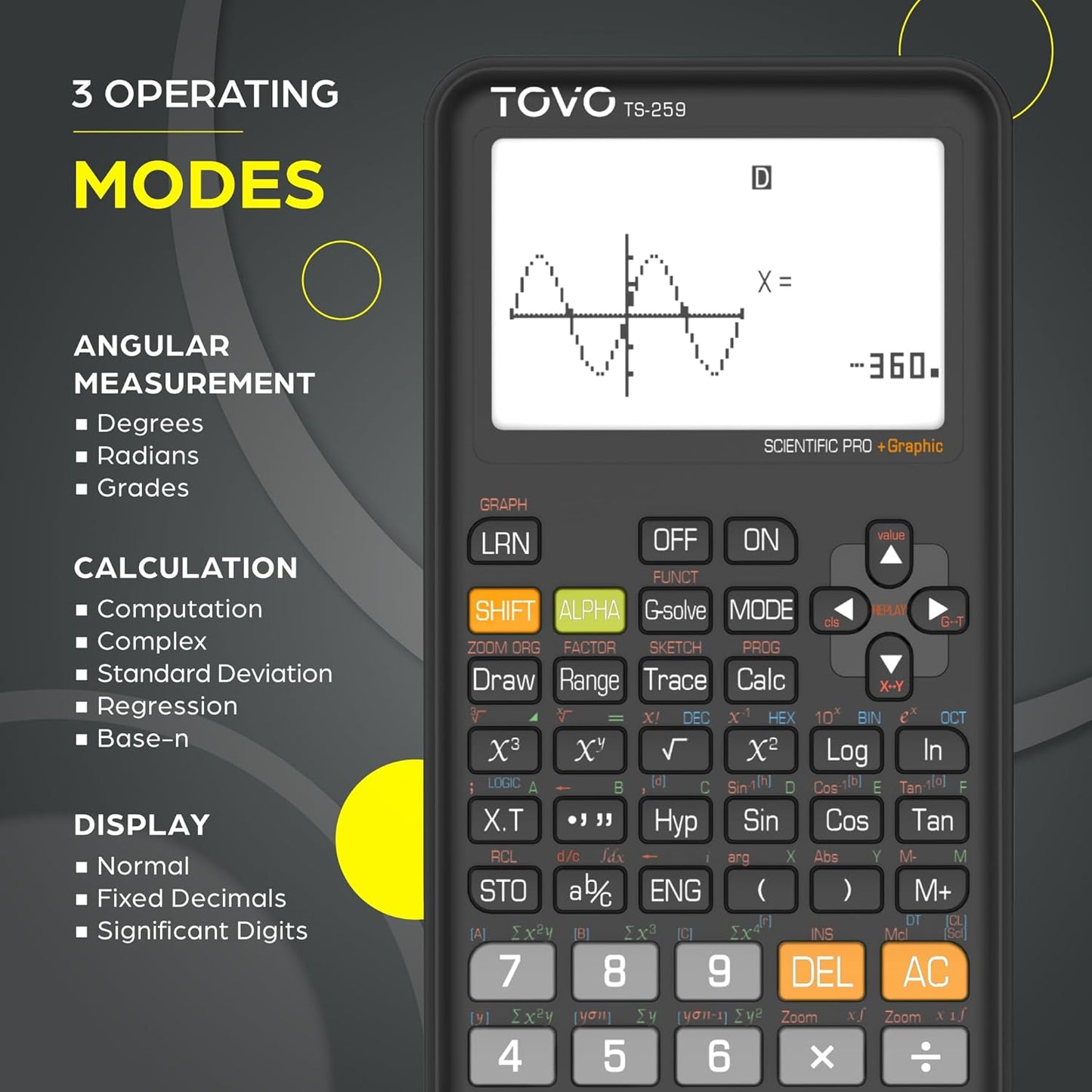 TOVO Scientific Calculator with Graphing Functions, Multiple Modes, 360 Functions, Large Screen, Intuitive Interface for Beginners, High School & Advanced Courses, TS-259 (Developed by CATIGA)