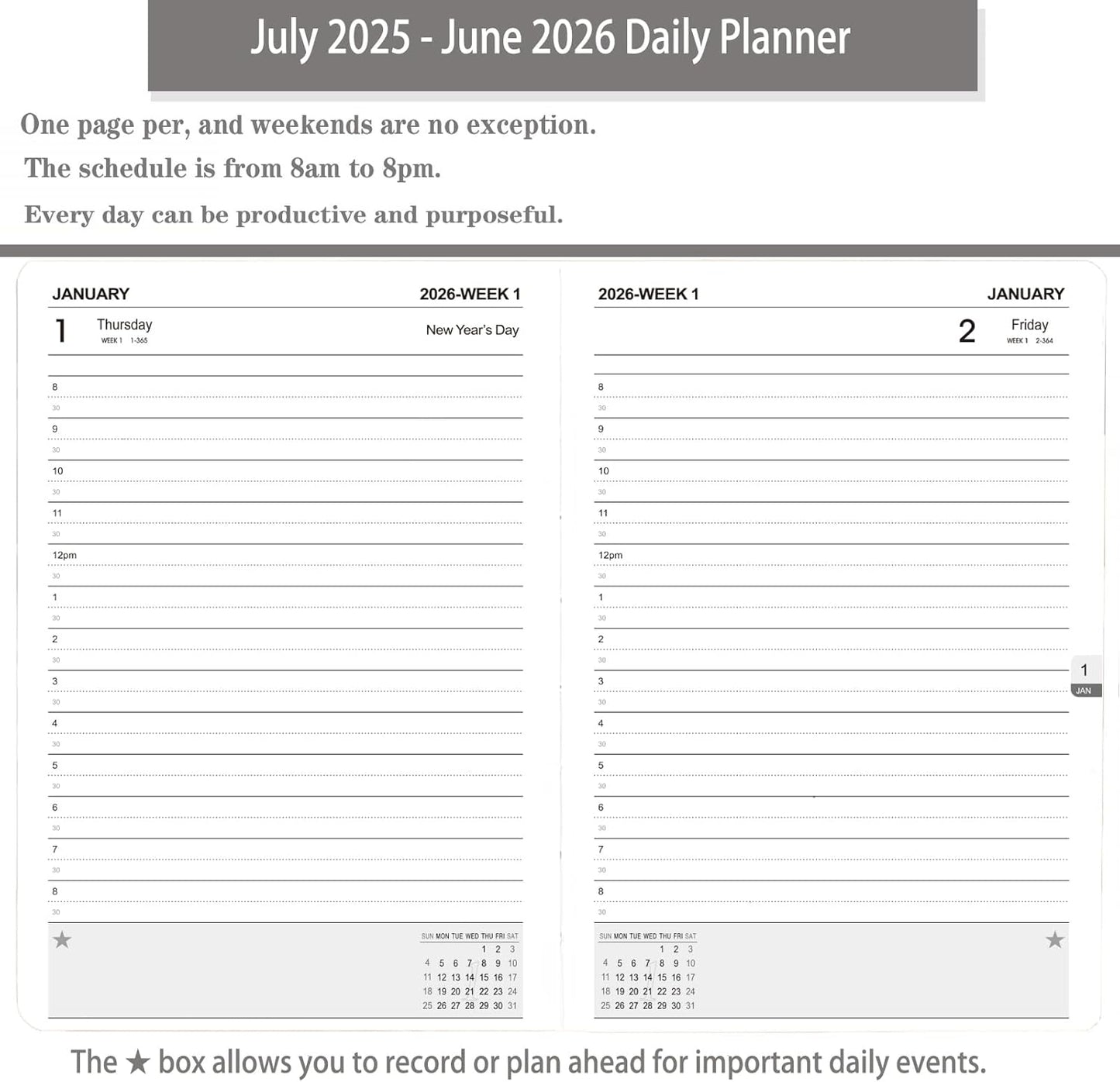 Daily Planner 2025-2026, One Page Per Day, Academic Planner (July 2025 - June 2026), Appointment Book with Time Slots and Monthly Tabs, 5.7" x 8.25", Pocket, Leather Cove (Purple)