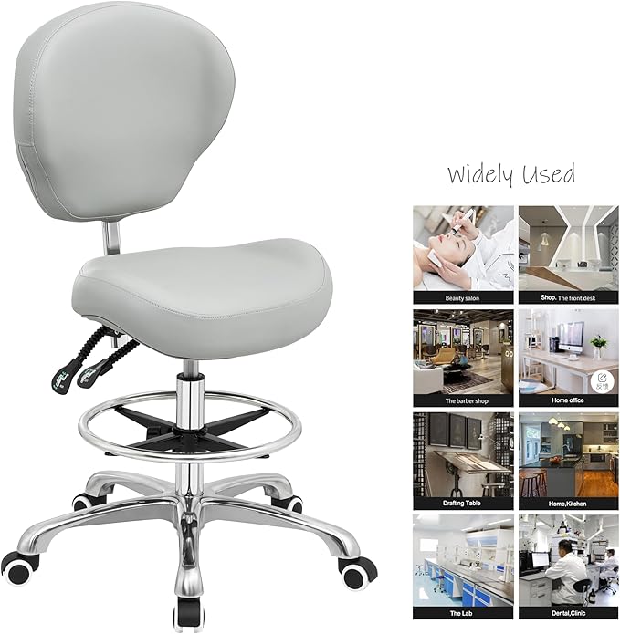 Kaleurrier Adjustable Stools Drafting Chair with Backrest & Foot Rest,Tilt Back,Swivel Seat,Rolling Wheels,for Studio,Dental,Office,Salon and Counter,Armless Tall Home Desk Chairs (Grey)