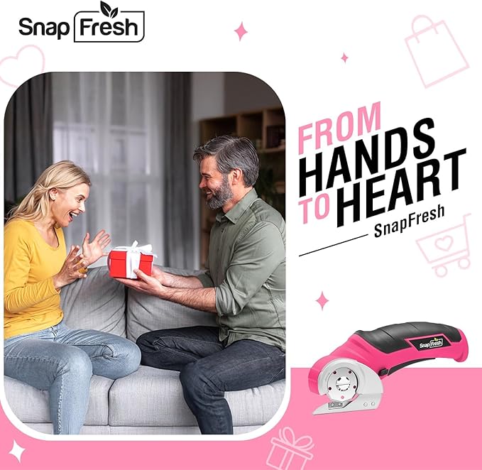 SnapFresh Cordless Electric Scissors- 4V Mini Cardboard Cutter for Boxes, Carpet, Paper – Rotary Cutter for DIY Projects, Safety Box Cutter with Battery & Type-C Cable(Hot Pink)