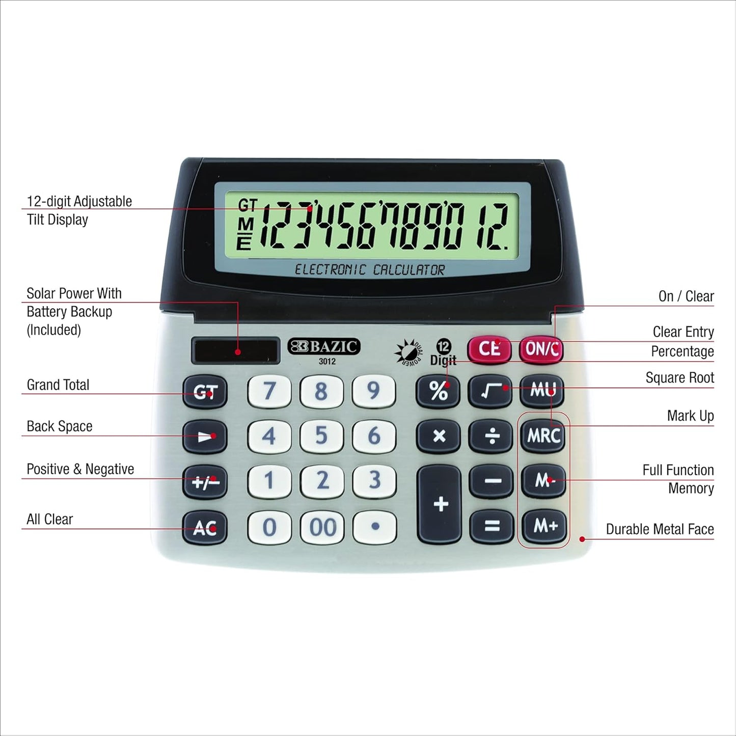 BAZIC 12-Digit Dual Power Desktop Calculator with Adjustable Display (3012)