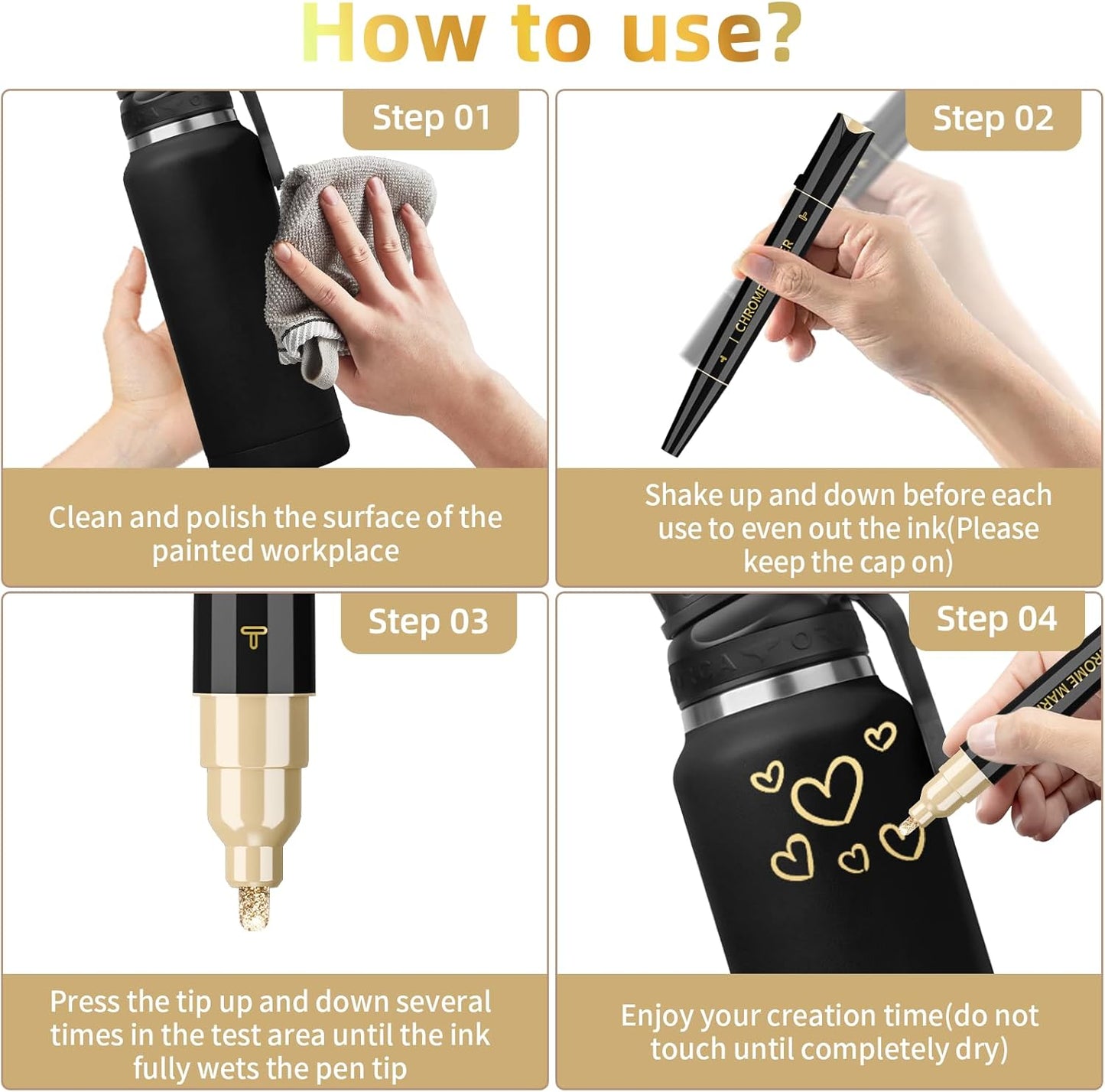 3 Pack Dual Tip Liquid Gold Chrome Markers, Permanent Shiny Gold Marker Pen for Most Surfaces, Golden Metallic High-gloss for Model Repairing, Painting, Marking or DIY Art Project