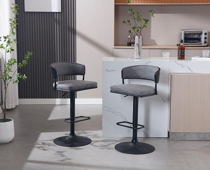 Adjustable Modern Bar Stools Set of 6 Faux Leather Barstools Swivel Counter Height Bar stools with Curved Back/Black Metal Base Comfy Upholstered Bar Chairs for Kitchen Island, Grey