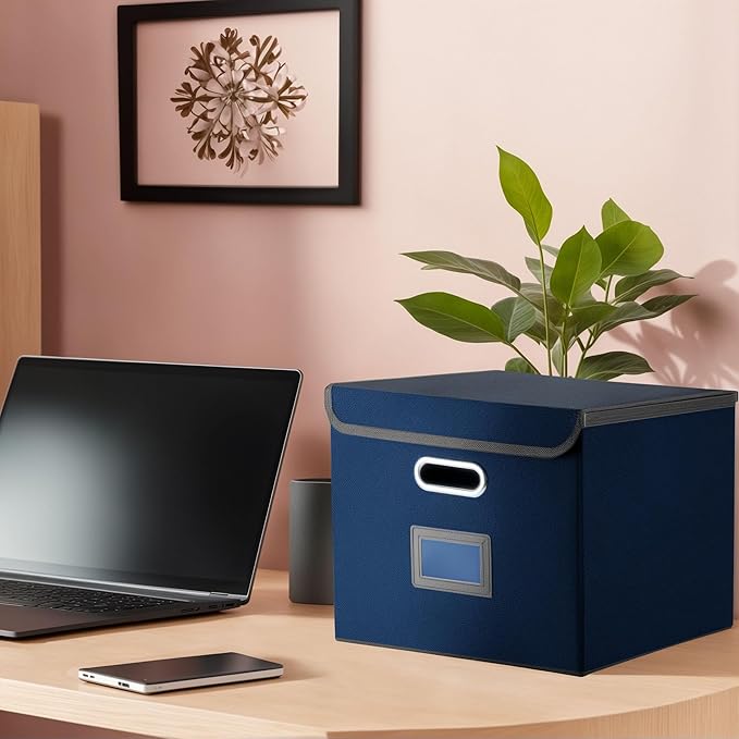 File Organizer Box with Lid, Collapsible File Folder with Plastic Slide for Office/Decor/Home, Hanging Office Document Storage, 14.9 6x 12.6 x 10.83 inch,1 pack - without folders,Blue