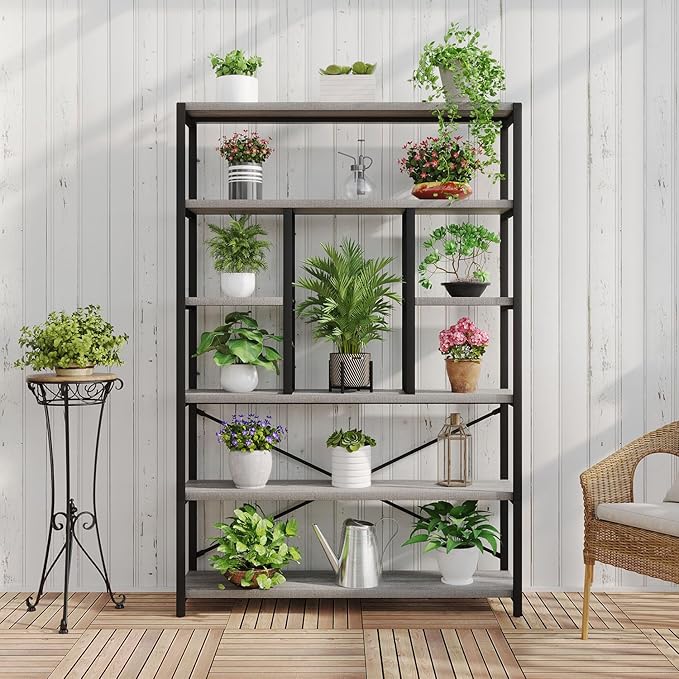 LVB Industrial 6 Tier Bookshelf, Large Tall Open Rustic Vintage Etagere Bookcase, Gray Big Wide Modern Farmhouse Wood and Metal Book Shelf for Home Bedroom Living Room Office Storage, Light Grey Oak