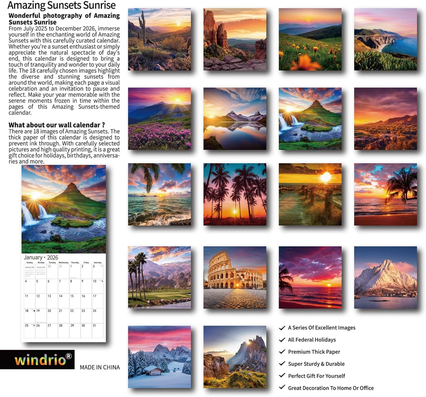2025 Wall Calendar,Calendar 2026, July 2025 - December 2026, Wall Calendar Sunset, 12" x 24" Opened,Full Page Months Thick & Sturdy Paper for Gift Perfect Calendar Organizing & Planning