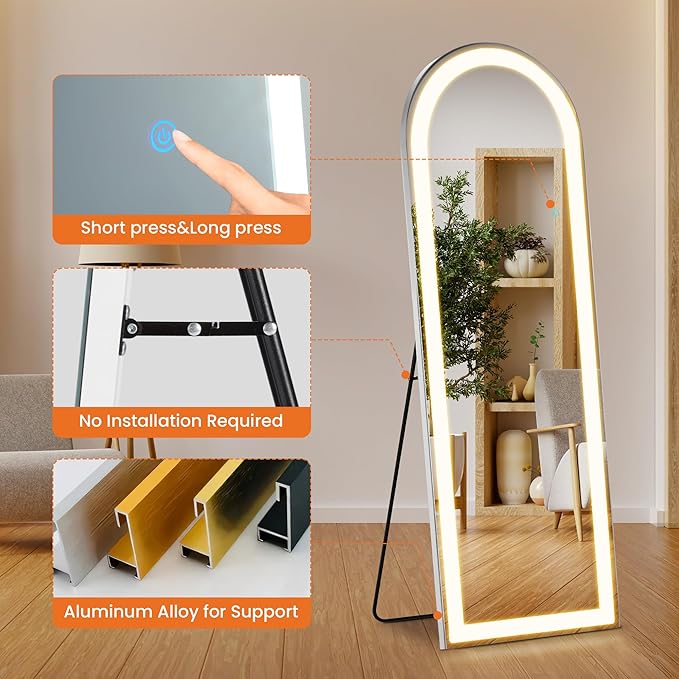 Arched Full Length Mirror with LED Lights, 63"x20" Body Floor Mirror with Dimming & 3 Color Lighting, LED Mirrors for Home Decor, Tall Arch Aluminum Frame Mirrors for Bedroom Cloakroom