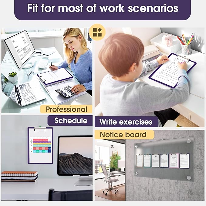 Plastic Clipboards 2 Pack, A4 Purple Clip Board 8.5x11 for Classroom, Students, Kid, Woman, Size 9" x 12.5" with Low Profile Clip, Office & School Supply