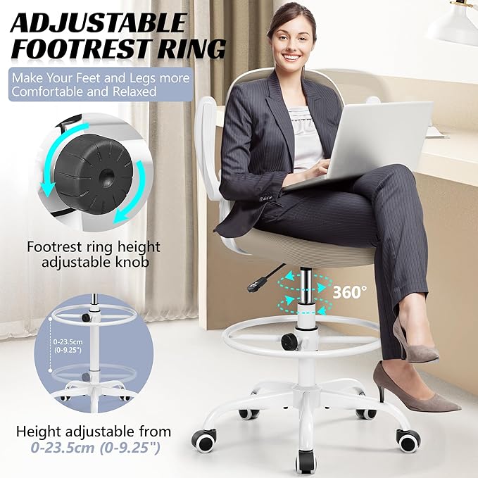Drafting Chair, Tall Office Chair Ergonomic Standing Desk Chair,with Adjustable Footrest Ring, 3D Lumbar Support, Flip-up Armrests, Swivel Desk Stool for Drawing Working (Khaki)