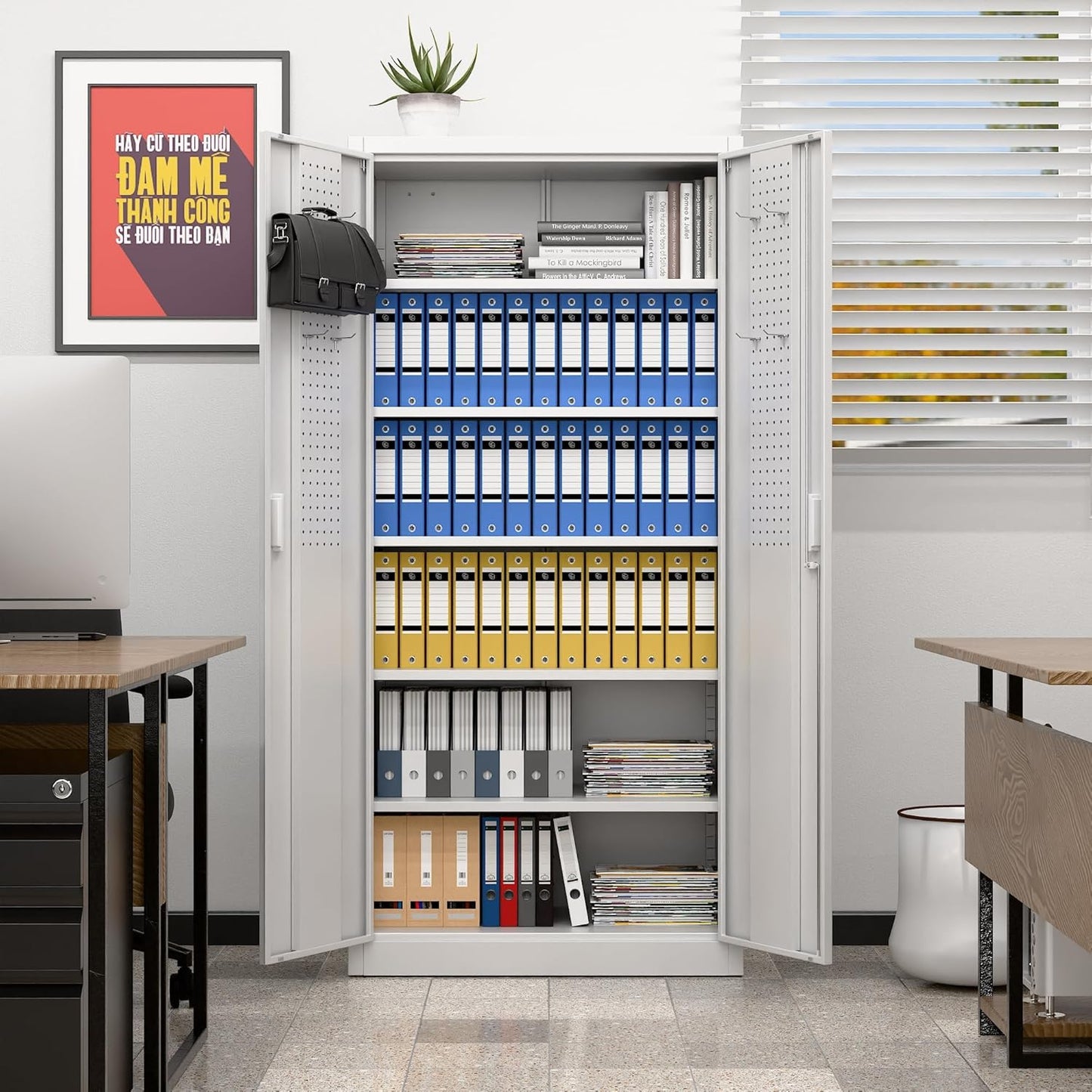 Aobabo Upgraded 71" H×34" W×18" D Metal Garage Storage Cabinet with Pegboards, Lockable Steel Cabinet with 5 Adjustable Shelves and 4 Hooks for Garage, Home, Office, White,Assembly Required