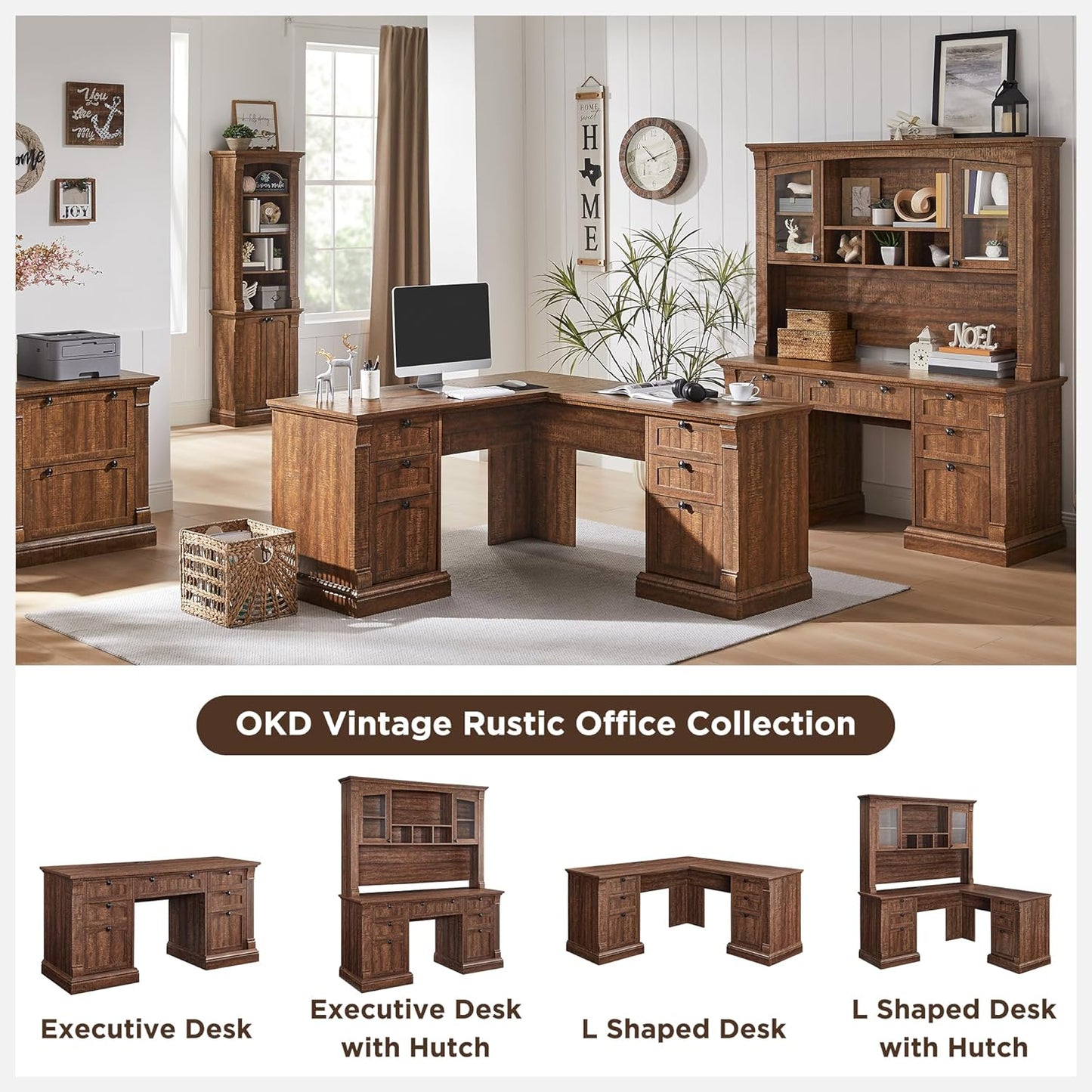 OKD 60" L Shaped Executive Desk with Drawers, Farmhouse Home Office Desk with Charging Station, File Cabinet Storage, Wood Corner Computer Desk for Work and Study, Reclaimed Barnwood