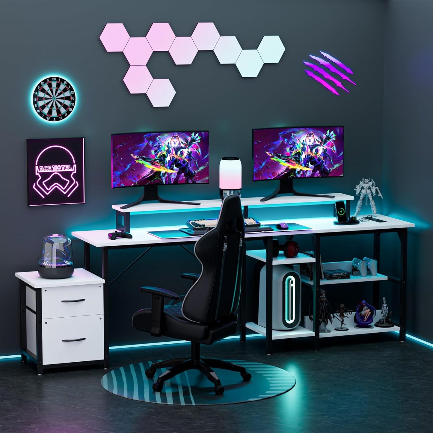 YOUNGAR 69.3" Home Office Desk with Storage, Reversible L Shaped Computer Desks, Corner Gaming Office Desk with 2 File Drawers&Power Outlet, White