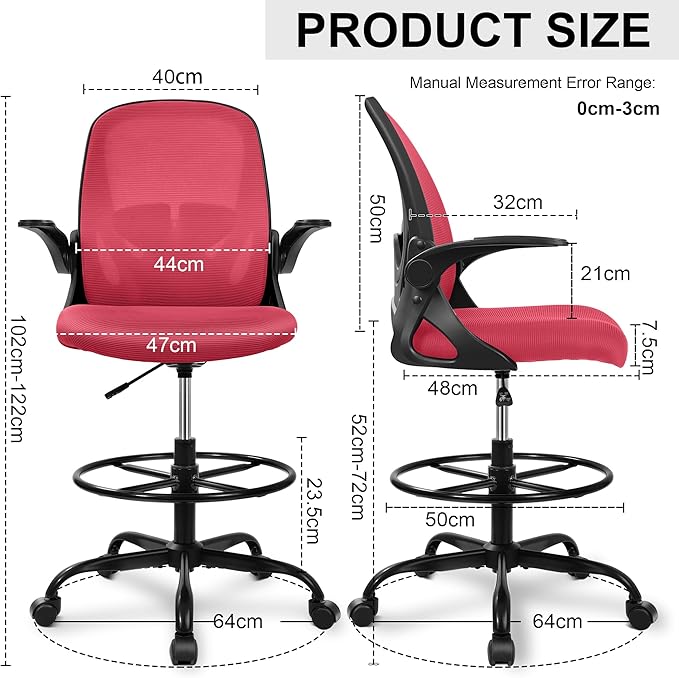 Primy Drafting Chair Tall Office Chair with Flip-up Armrests Executive Ergonomic Computer Standing Desk Chair with Lumbar Support and Adjustable Footrest Ring (Fire Brick)