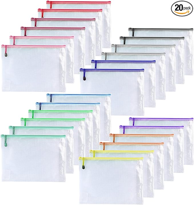 OAIMYY-20 Pcs 7"x 11" Mesh Zipper Pouch Bags, Zipper Bags for Organizing Storage,Zipper Pouches, Letter Size, File Bags for School,Puzzle, Board Games and Office Supplies (Color)