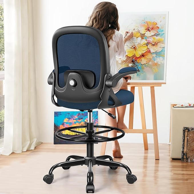 Drafting Chair, Tall Office Chair Ergonomic Standing Desk Chair,with Adjustable Footrest Ring, 3D Lumbar Support, Flip-up Armrests, Swivel Desk Stool for Drawing Working (Navy)