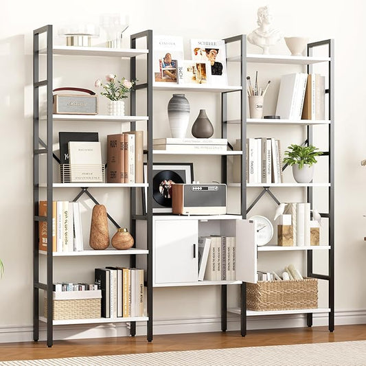 Yusong Bookshelf Triple Wide 5 Tier Bookcases with Storage Cabinet, Industrial Large Modern Tall Bookshelves with 12 Open Display Shelves for Living Room Office Bedroom, White and Black