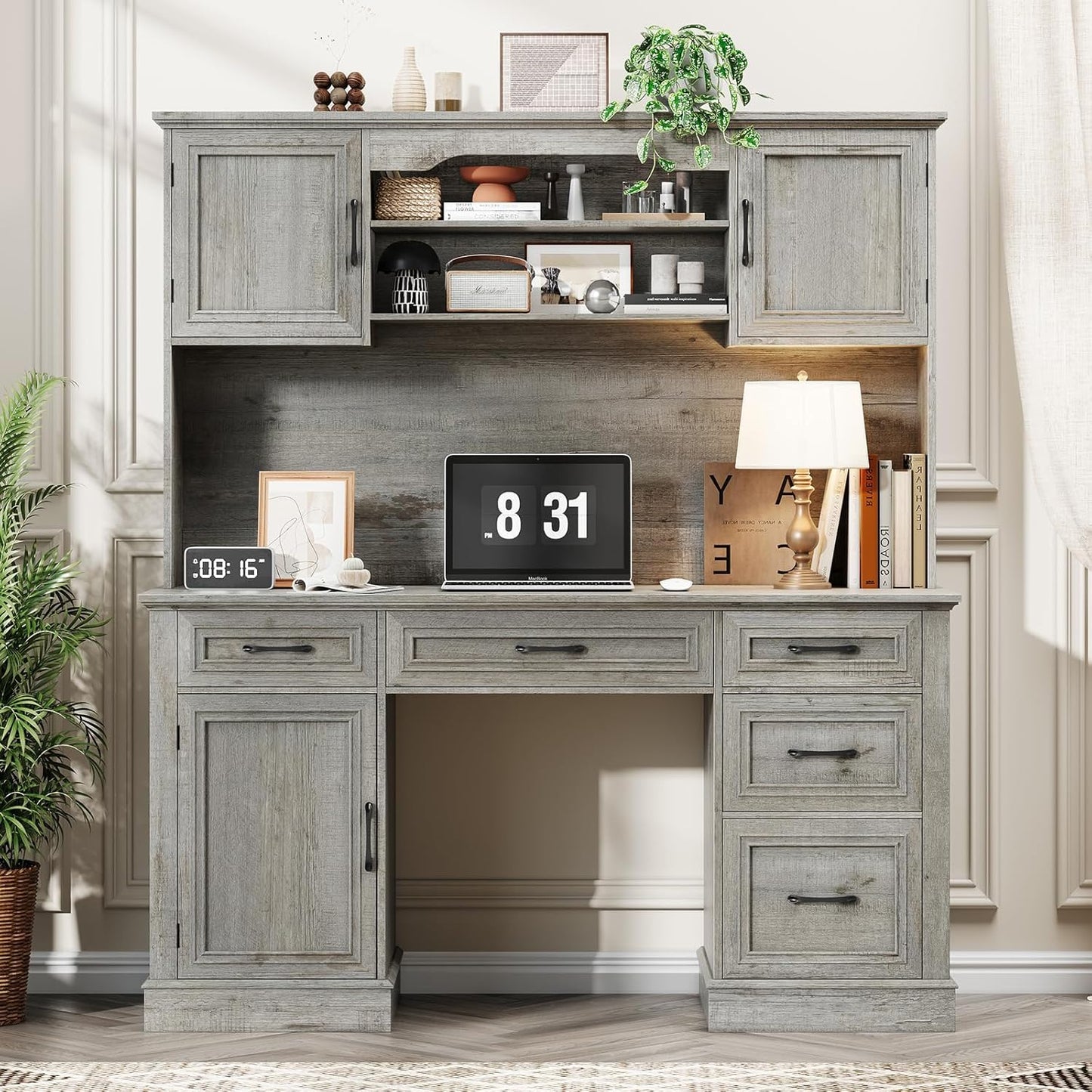 67" H Farmhouse Executive Desk with Hutch. Wood Workstation with 5 Drawers, Storage Cabinet, File Drawers and Charging Station, Ideal as Office Desk, Computer Desk for Home Office and Study.Gray