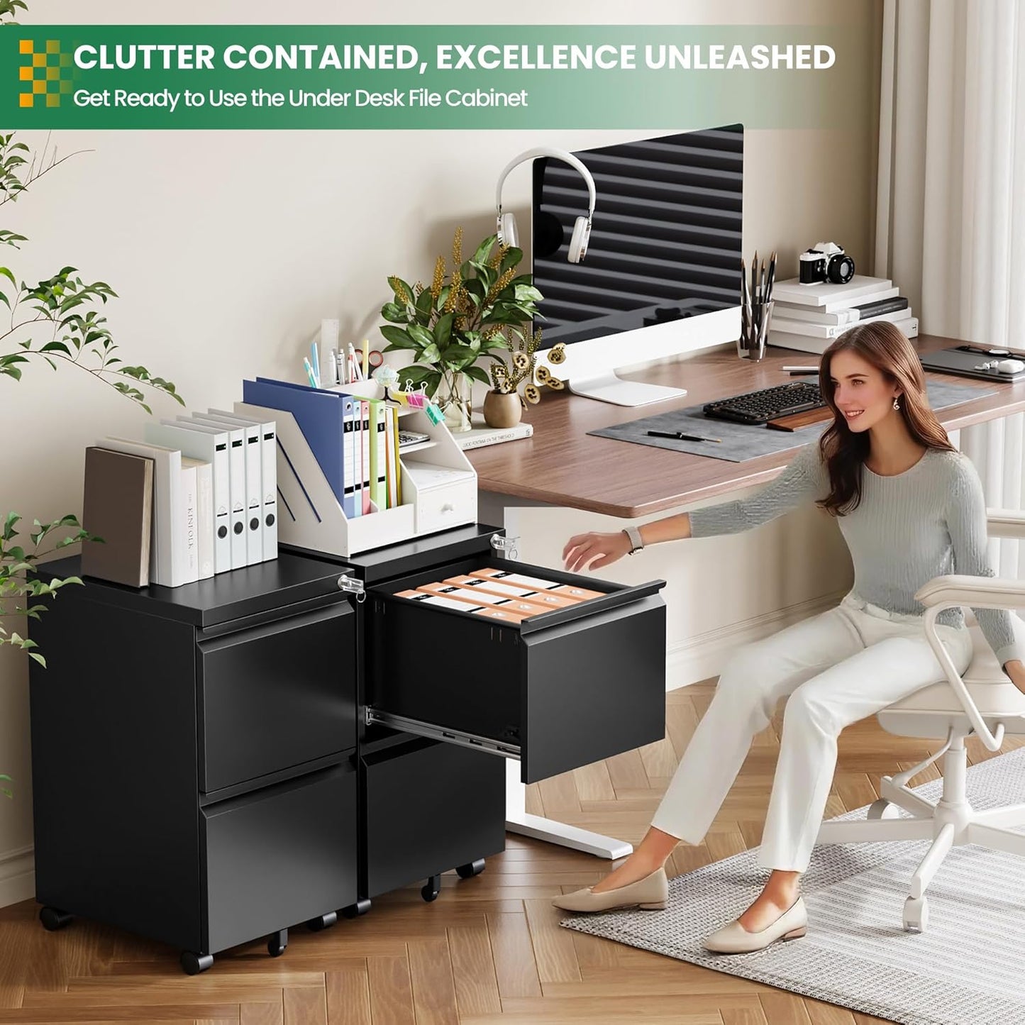 2 Drawer Metal File Cabinet with Lock, Rolling File Cabinets with Lock for A4/Legal/Letter Size, Under Desk Filing Cabinet for Home Office Assembly Required(Black)