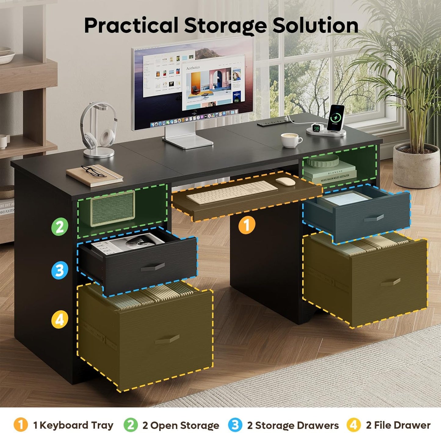 Bestier 59” Computer Desk with 4 Drawers, Office Desk with Storage, Modern Executive Desk with Charging Station, Keyboard Tray & Wooden Pedestals on Both Sides for Home Office & Studio, Black