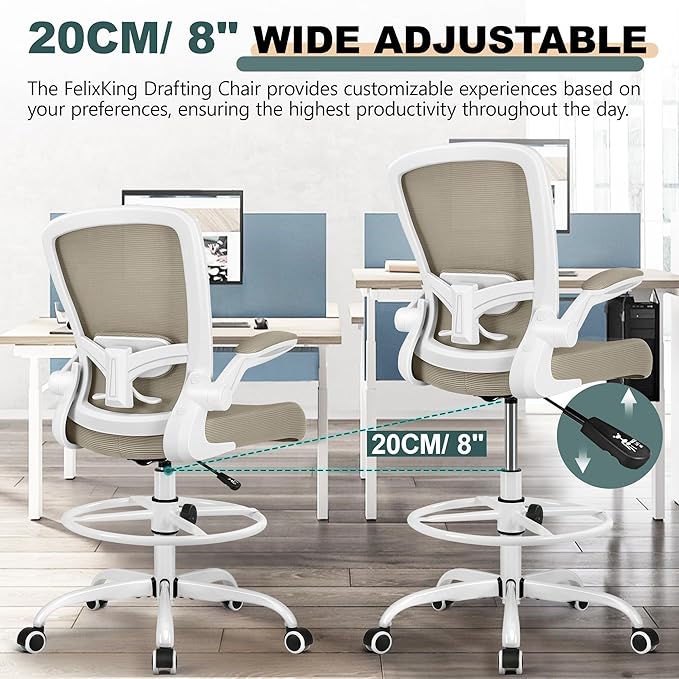 FelixKing Drafting Chair Ergonomic Tall Office Chair, Breathable Mesh Chair with Adjustable Footrest Ring Lumbar Support Flip-up Armrests, High Back Executive Comfy Task Computer Chair for Home Office