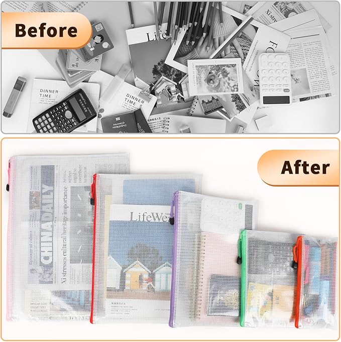 Umriox Zipper Mesh Document Pouch, 9.5x7.1 in (6 Colors, 18 Packs), Clear Zipper Pouches, Waterproof Zipper Pouches for Office Supplies Cosmetics Travel Storage