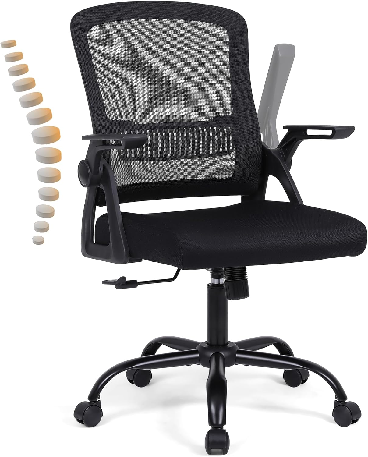 Office Chair, Ergonomic Desk Chair with Lumbar Support, Breathable Mesh Chair with Flip-up Armrests and Mid Back, Comfy Task Computer Height Adjustable Swivel Chair (1, Black)