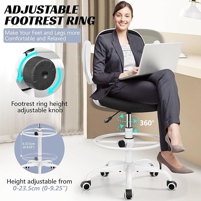 Drafting Chair, Tall Office Chair Ergonomic Standing Desk Chair,with Adjustable Footrest Ring, 3D Lumbar Support, Flip-up Armrests, Swivel Desk Stool for Drawing Working (White)