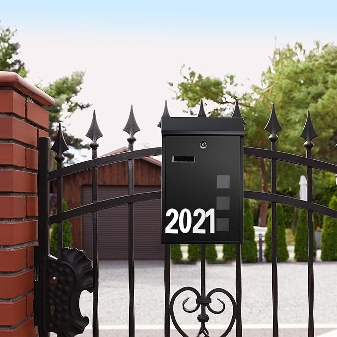 LAND·VOI Wall Mounted Mailbox with 4 Keys, Post Box for Wall and Fence, Viewing Windows, Nameplate, 3.94 x 9.8 x 15.6 Inches, Large Capacity, Includes Mailbox Numbers, Matt Black, AMB31B