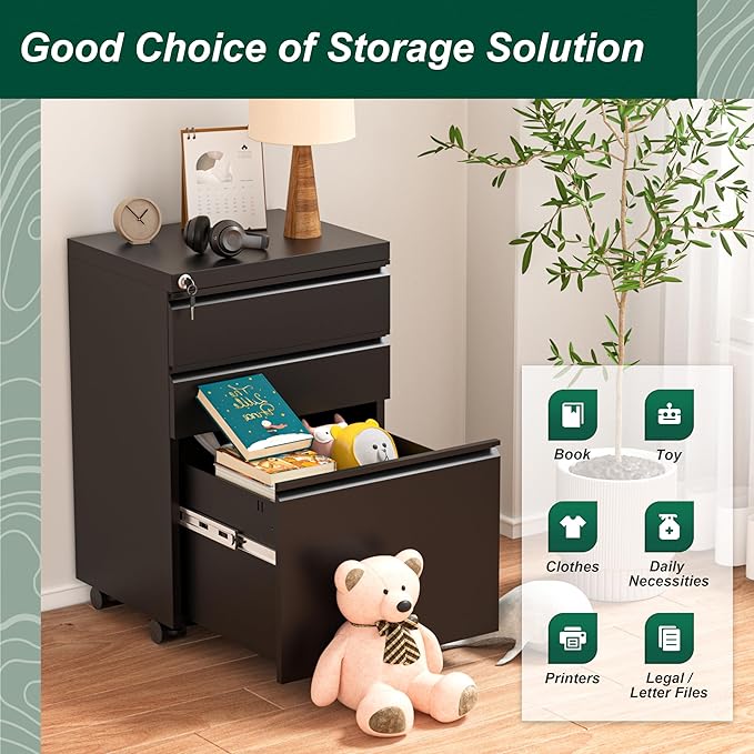 Superday Black File Cabinet 3 Drawer, Fully Assemble Metal Rolling Vertical Filing Cabinet with Wheels, Small Under Desk File Cabinets for Home Office