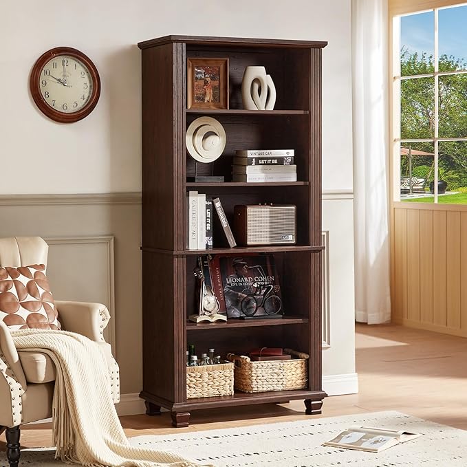 70" Tall Walnut Bookshelf,5 Tier Wooden Book Shelf with Adjustable Shelves & Wood Legs,Free Standing Farmhouse Bookcase with Open Display Storage,Vintage Bookshelves for Classroom, 3PCS