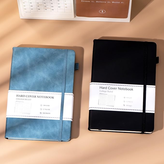 CAGIE 2 Pack Journals Notebooks for Women Men Leather Journals for Writing Hardcover A5 Journaling Notebooks Thick Journal Supplies Diary, Black& Blue