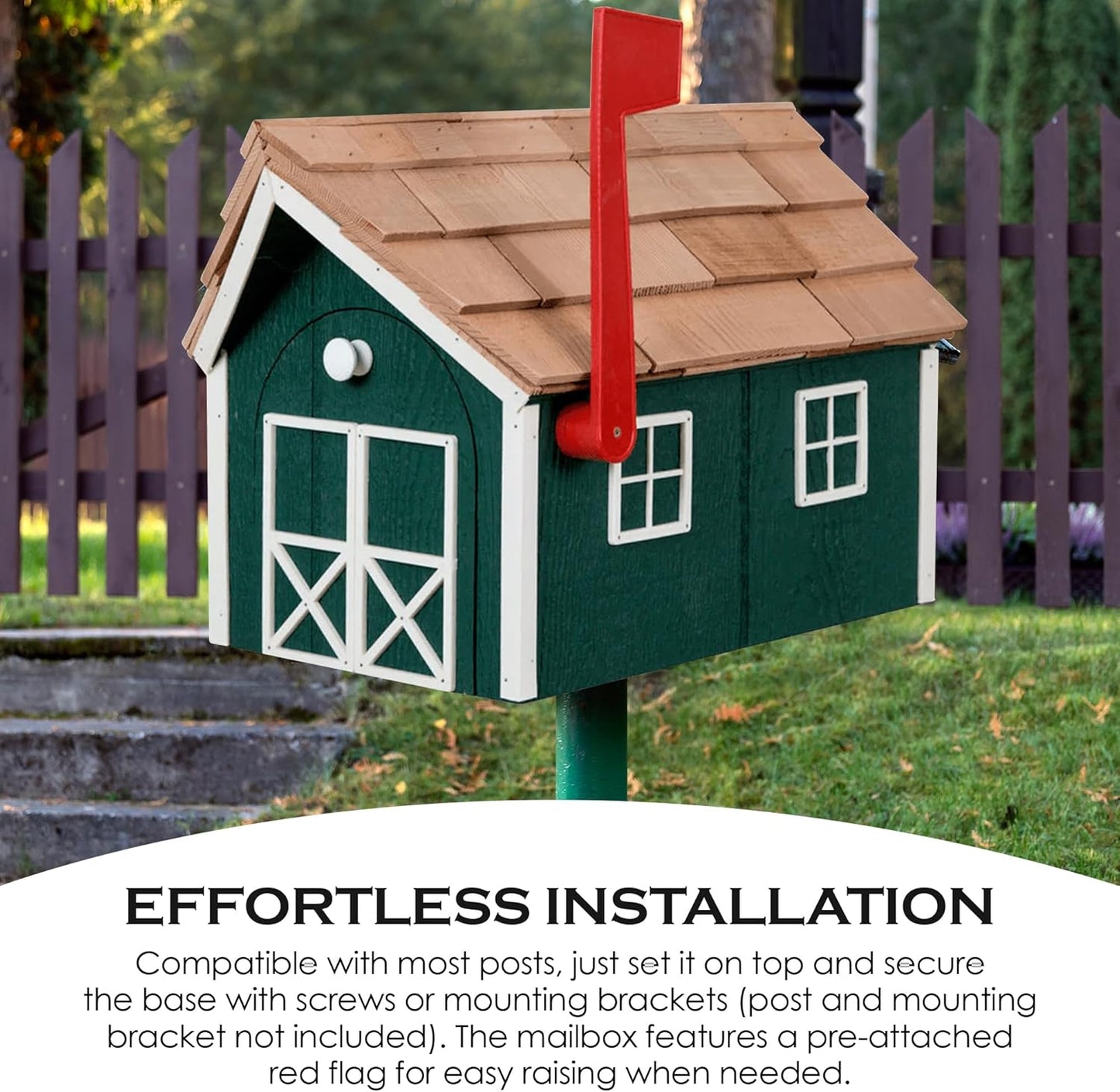 Peaceful Classics Amish Cedar Roof Wooden Mailbox with Window & Door Trim, Handcrafted Mailboxes for Outside, Post Mount Residential Mailboxes - (Beige with Forest Green Trim)